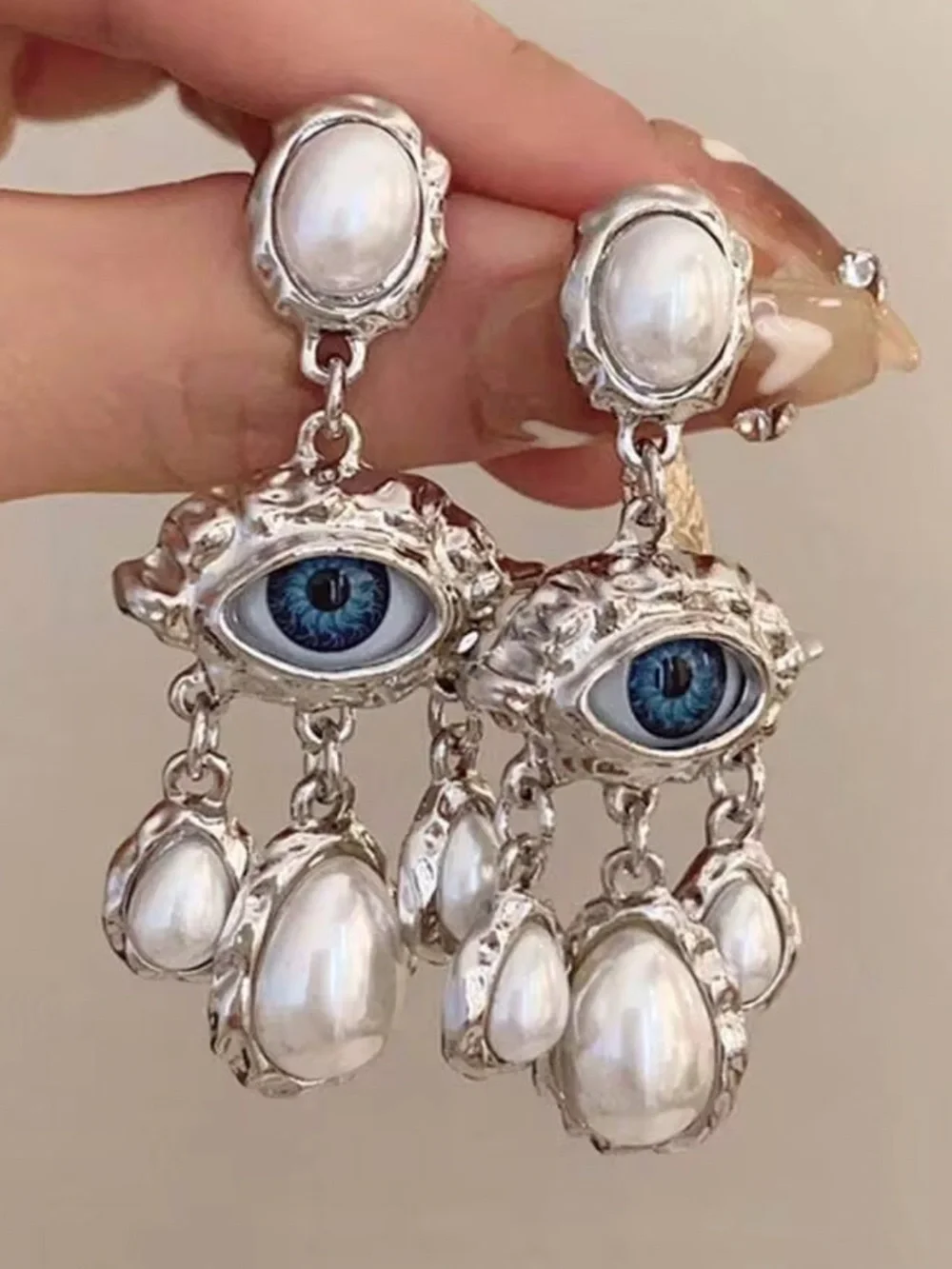 New! Silver Drop Baroque Style Pearls with Blue Evil Eye Chandelier Earrings
